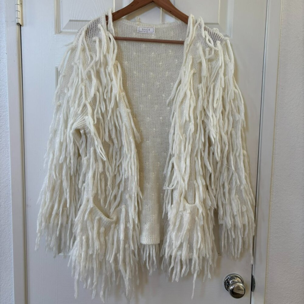 NWOT Sage The Label Off White Fringed Cardigan Sweater OS